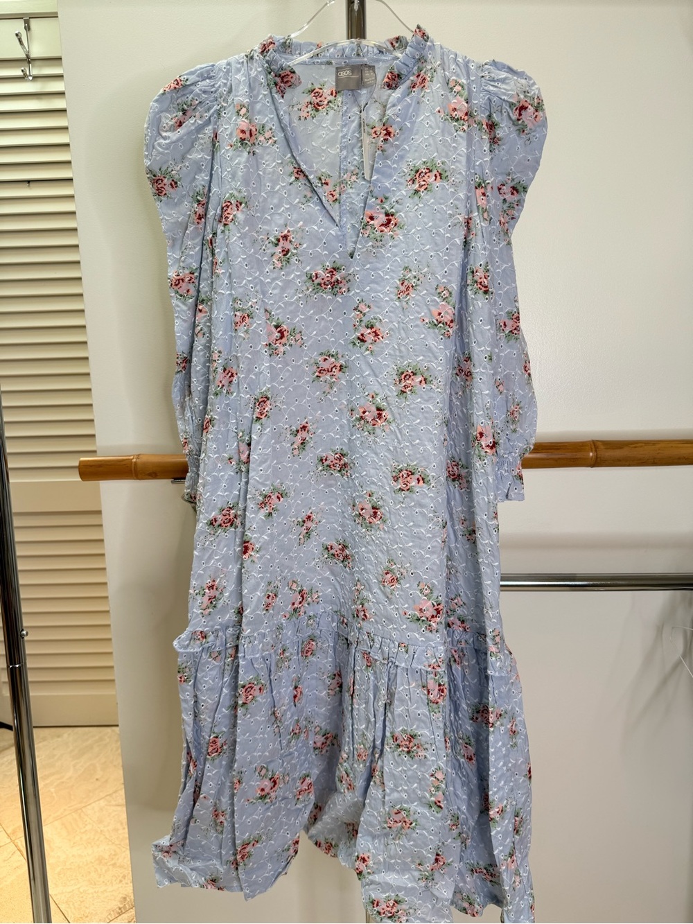 ASOS Blue Floral Eyelet Puff Sleeve Midi Dress US 0 NWT Cottagecore